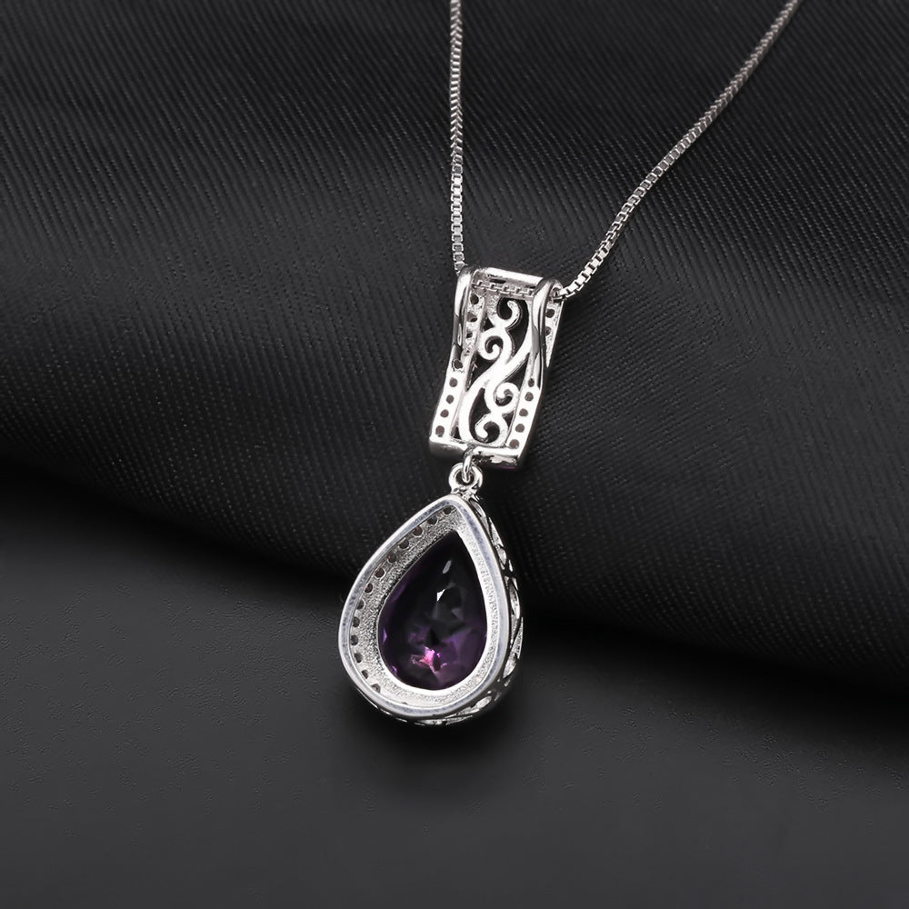 Natural Amethyst S925 Silver Necklace Pendant Luxuriously Inlaid with Natural Colorful Treasure Pendant