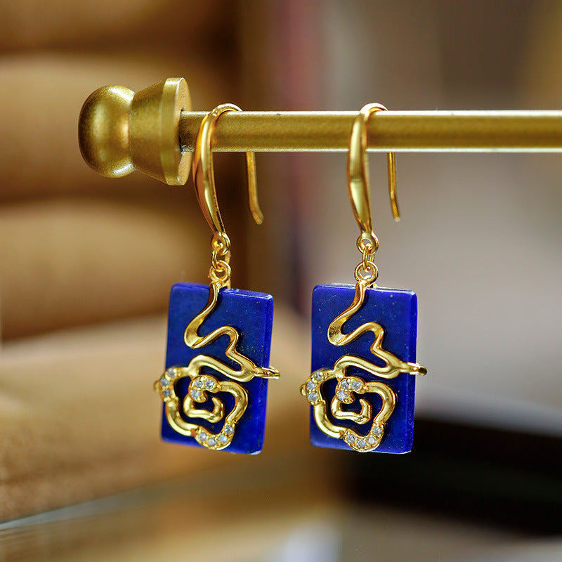 Boucles d'oreilles lapis-lazuli incrustées en argent sterling S925, avec tempérament, à la mode