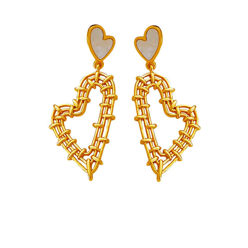 [DF]Conception d'aiguille en argent S925 en or véritable plaqué cuivre, boucles d'oreilles d'amour, boucles d'oreilles creuses rétro, accessoires d'oreille exagérés personnalisés