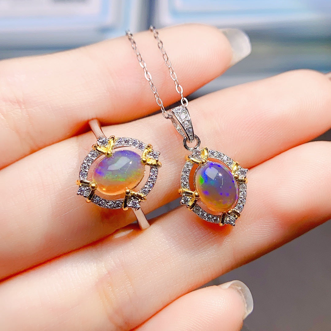 [DF]Natural Black Opal Jewelry Set - S925 Silver Setting, 6x8mm Gemstone, Hot Selling in Europe and America