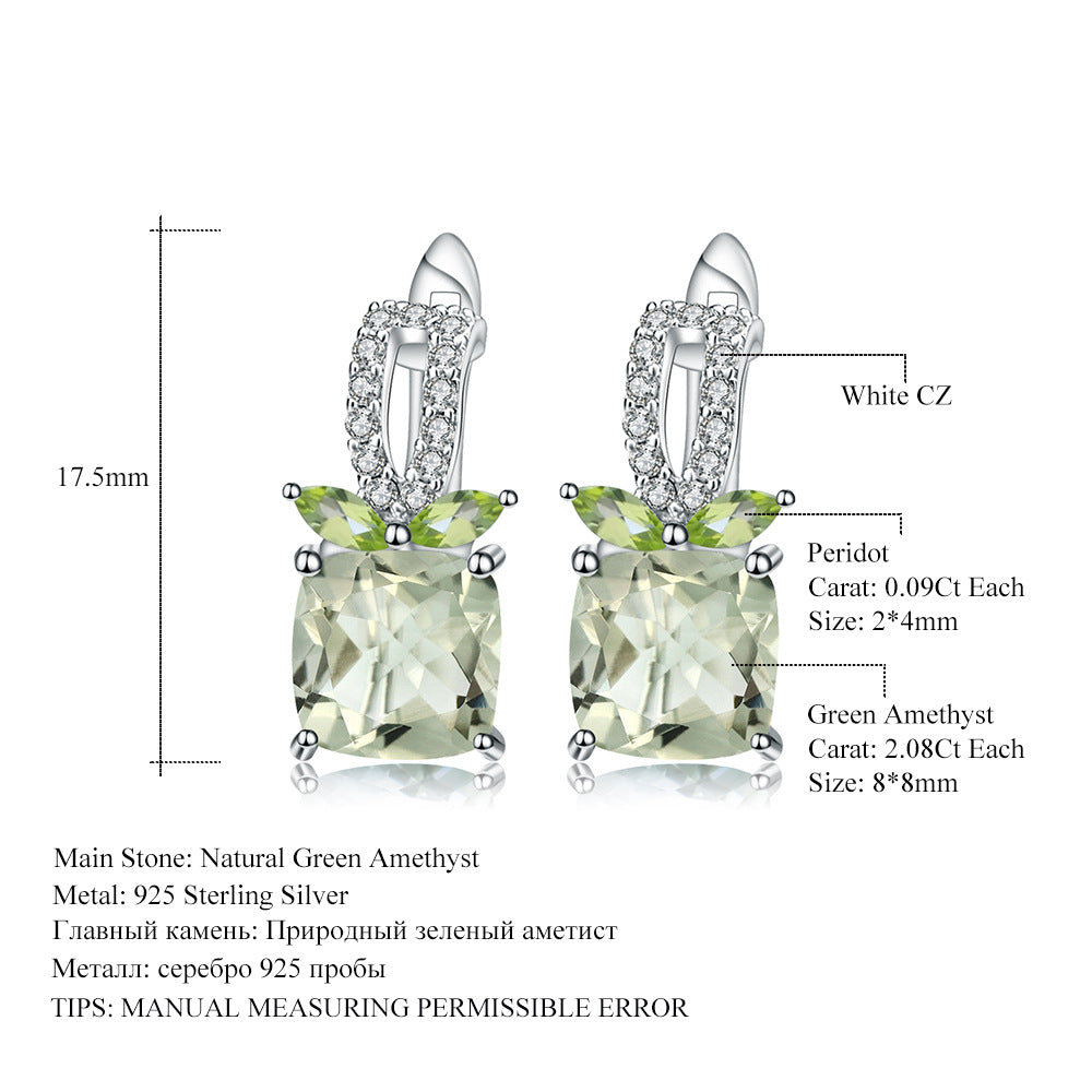 Boucles d'oreilles en améthyste verte naturelle, en argent s925 incrusté de pierres précieuses naturelles