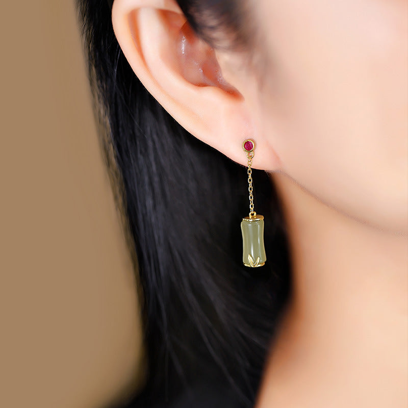 S925 silver inlaid green jade bamboo drop earrings