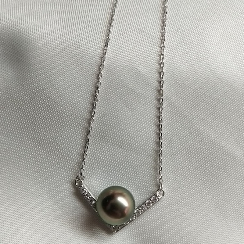 Ensemble chaîne en argent s925 de Tahiti, collier de perles noires d'eau de mer de haute qualité, pendentif en forme de V