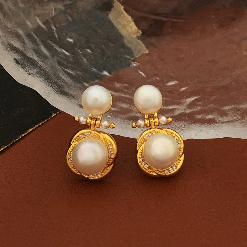 【DF】Copper plated genuine gold S925 silver needle, light luxury, retro, niche cultured pearl earrings, inset style, high-end feel earrings