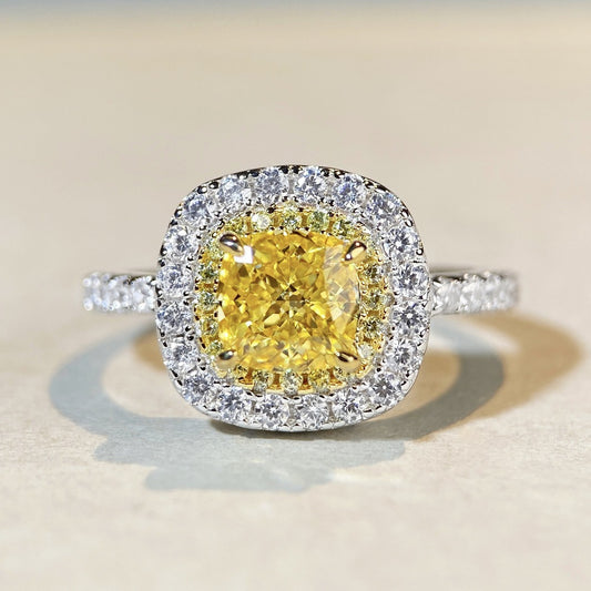 S925 sterling silver ring female yellow diamond luxury square full of diamond ring zircon