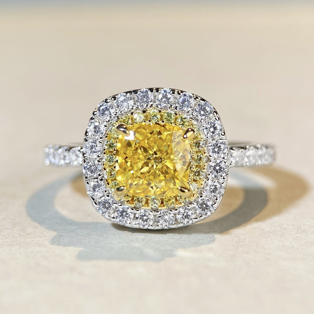 Bague en argent sterling S925 pour femme, diamant jaune, carré de luxe plein de diamants en zircon