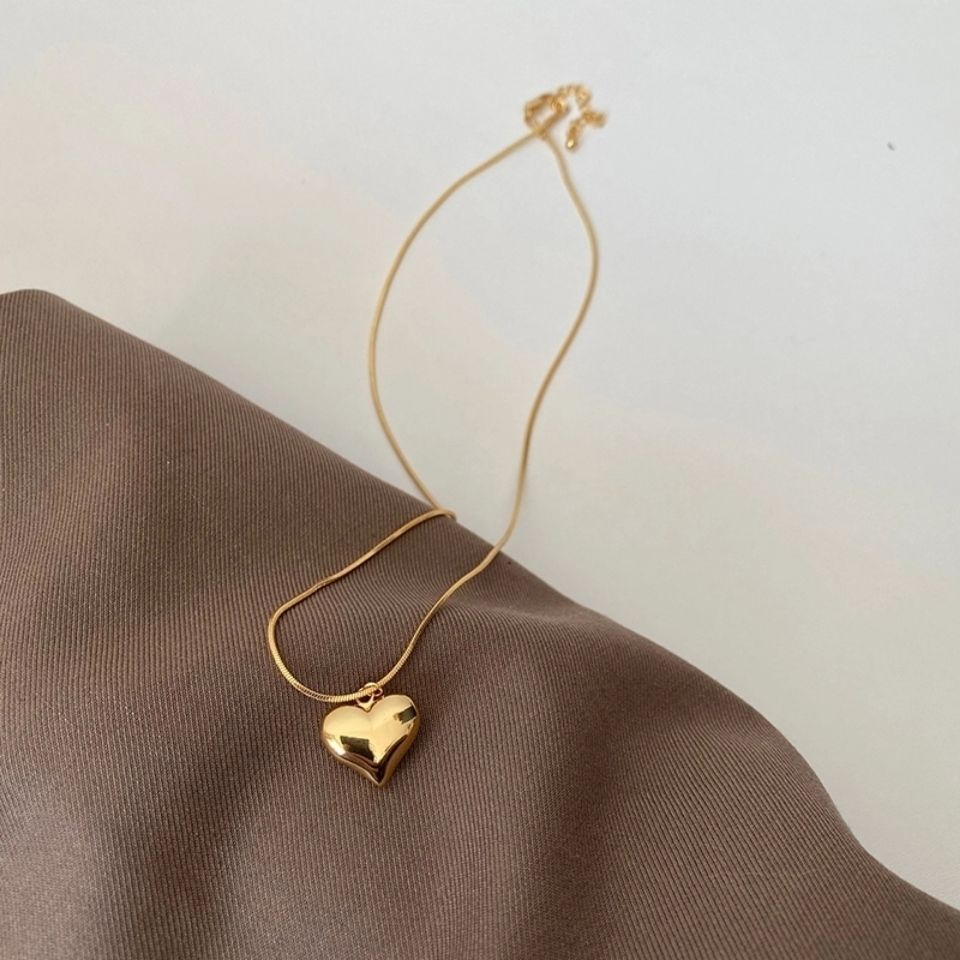 [DF]Simple three-dimensional small love necklace with double-sided peach heart mirror feeling heart-shaped collarbone chain, Japanese and Korean inset versatile jewelry