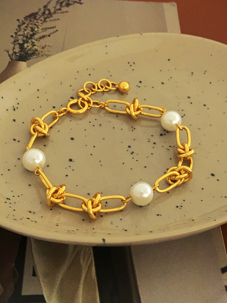 [DF]Copper-plated real gold personalized knot design necklace temperament Pearl Neck Bracelet summer trendy clavicle chain