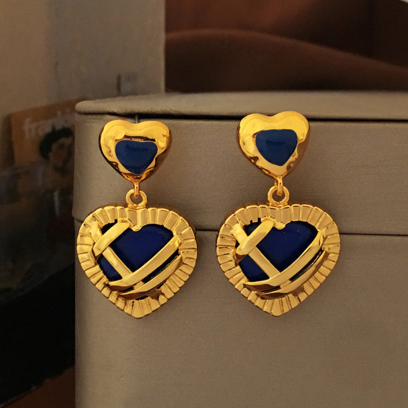 [DF] boucles d'oreilles d'amour en métal français avec aiguille en argent S925 originales avec Style élégant, petit groupe, boucles d'oreilles bleues de haute qualité