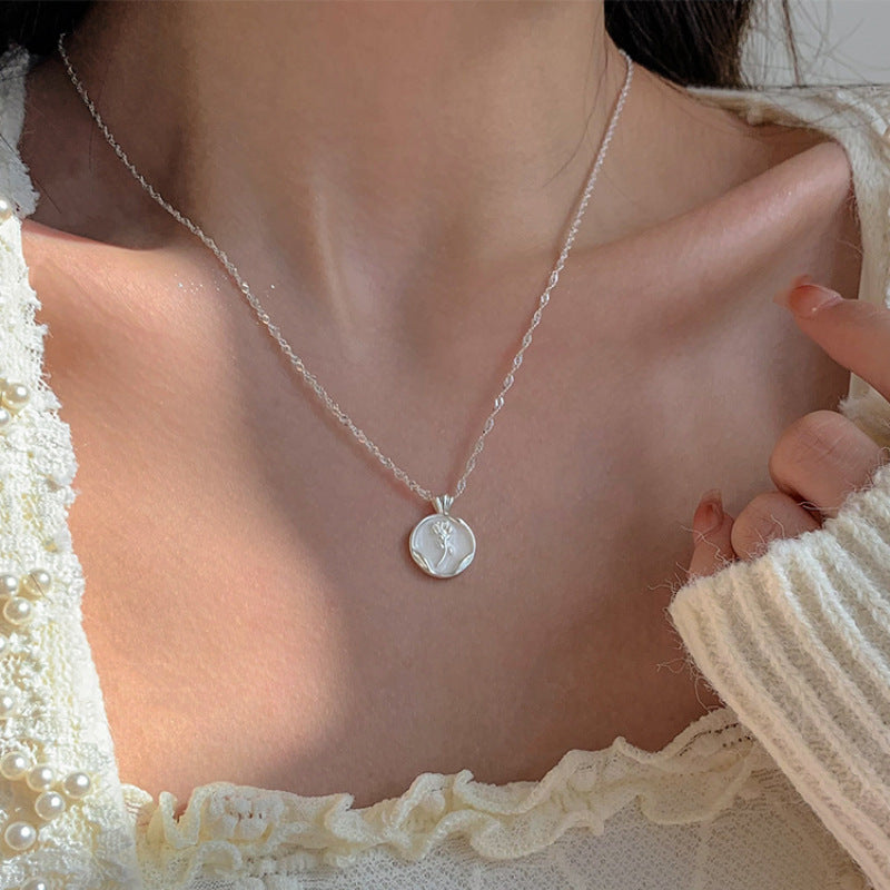 [DF]Collier médaillon floral rose française - Argent sterling S925, design élégant et unique, chaîne de clavicule, collier chic et sophistiqué