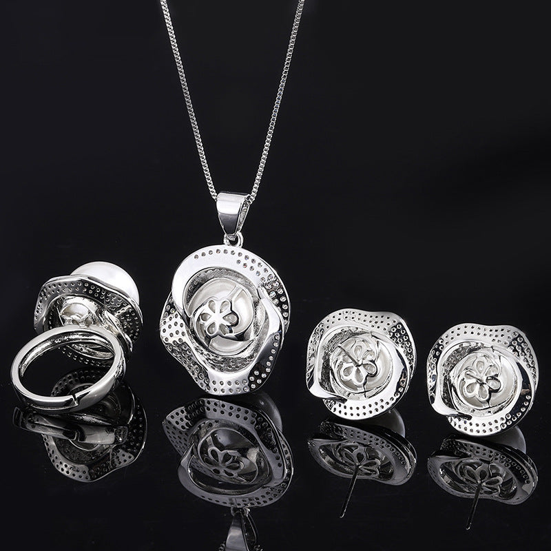 Ensemble de diamants géométriques roses en perles de coquille blanche, avec bague d'emballage indépendante, pendentif et ensemble de clous d'oreilles