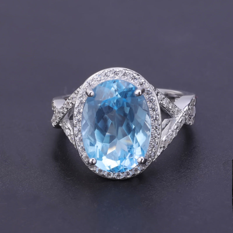 S925 Silver Natural Topaz Ring for Women 10 * 14mm Large Size Gemstone Natural Color Treasure Ring