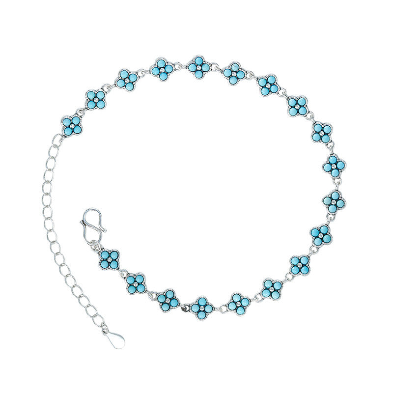 S925 Silver Set Turquoise Clover Bracelet Fashionable and Versatile Exquisite Bracelet