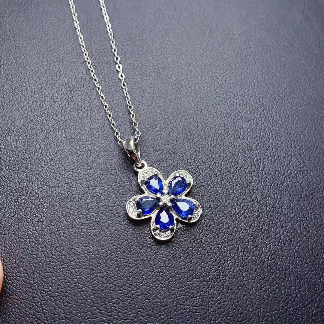 [DF]Natural Sri Lanka Sapphire Pendant high clarity 925 silver plated white gold temperament flower necklace