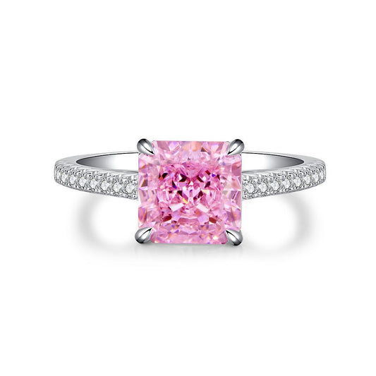 S925 Pure Silver Colorful Treasure Ring Sakura Pink Diamond Simple Four Claw High Carbon Diamond