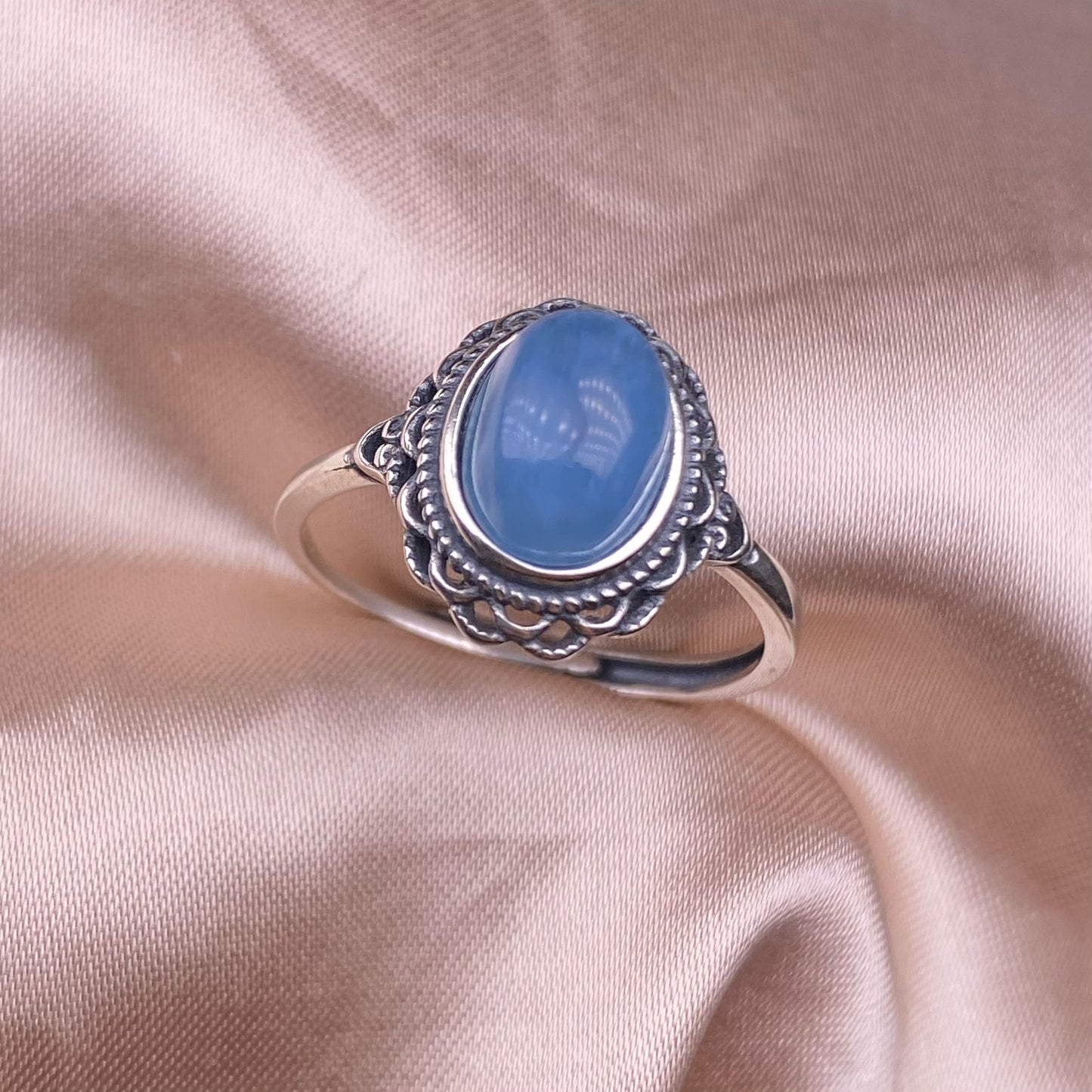 Anillo de aguamarina con incrustaciones de plata S925, adorno de mano de encaje delicado y desgastado vintage