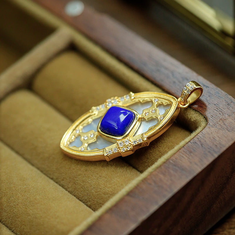 S925 sterling silver gold-plated lapis lazuli white mother-of-pearl pendant