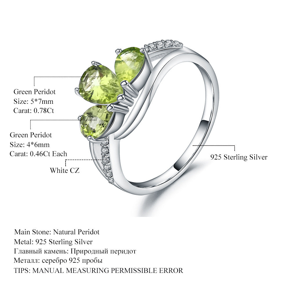 Bague en olivine naturelle en argent s925 incrustée de pierres précieuses naturelles colorées