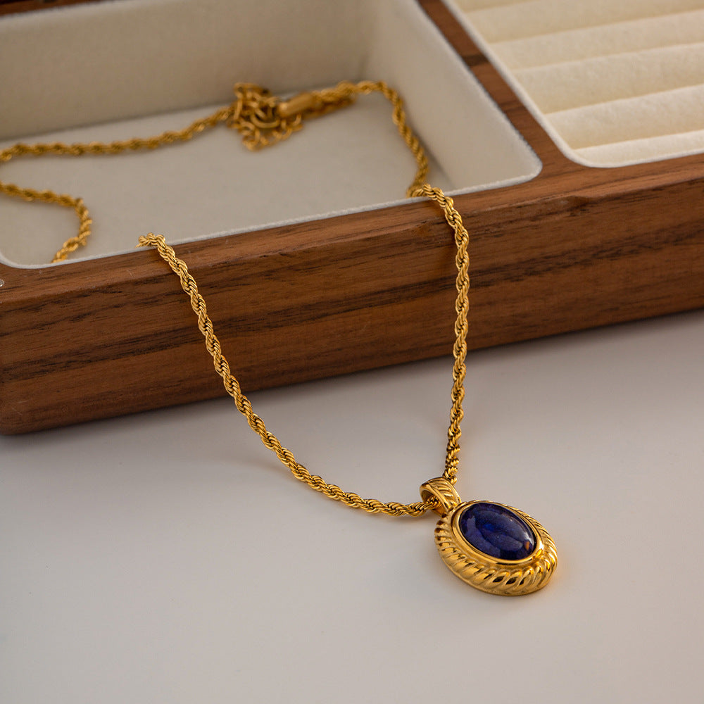 Retro antique fashion personality necklace 18K stainless steel thread inlaid lapis lazuli oval pendant necklace