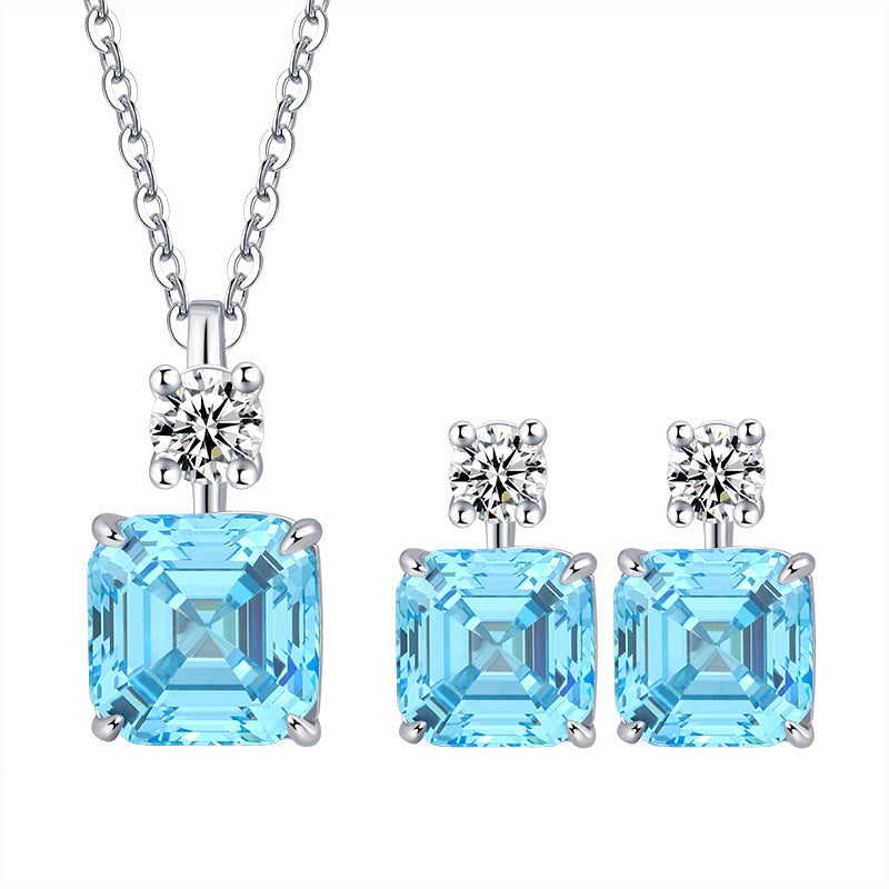 S925 Silver High Carbon Diamond Asche Blue Treasure Princess Square Pendant Set 10 * 10-8 * 8