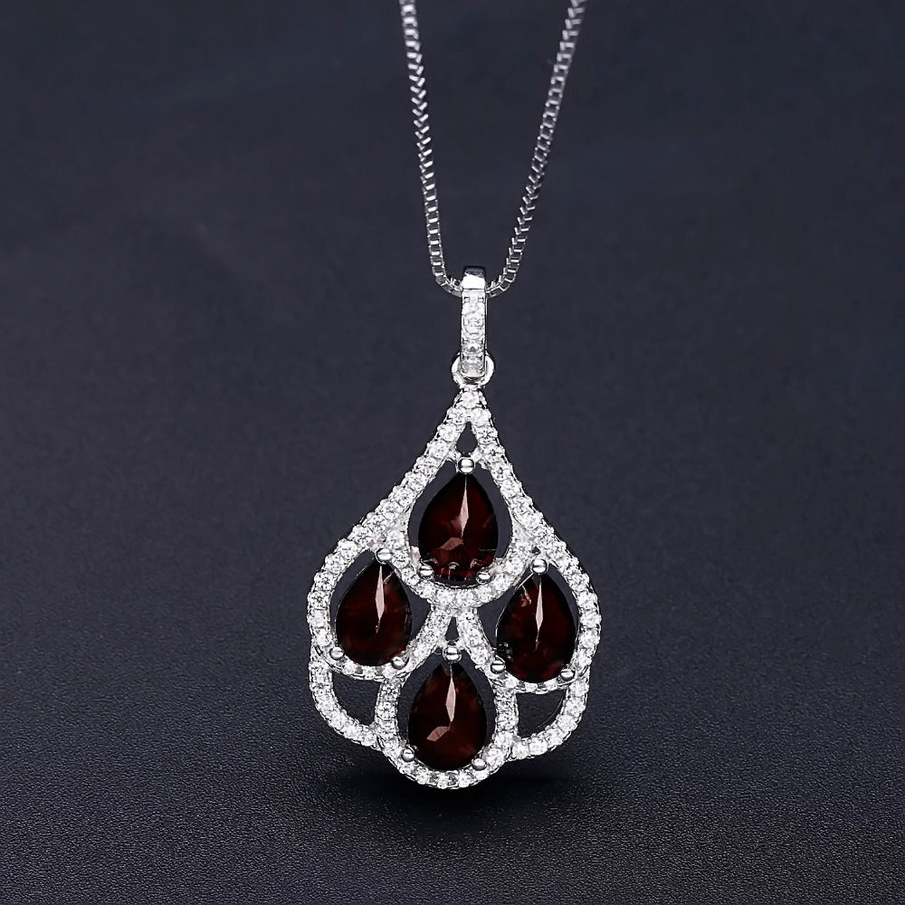 Natural Garnet Necklace S925 Silver Inlay Gemstone Natural Colored Stone Necklace Pendant