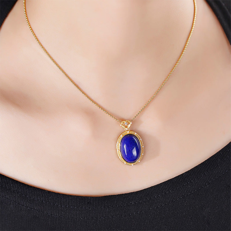 S925 sterling silver gold-plated lapis lazuli cabochon pendant