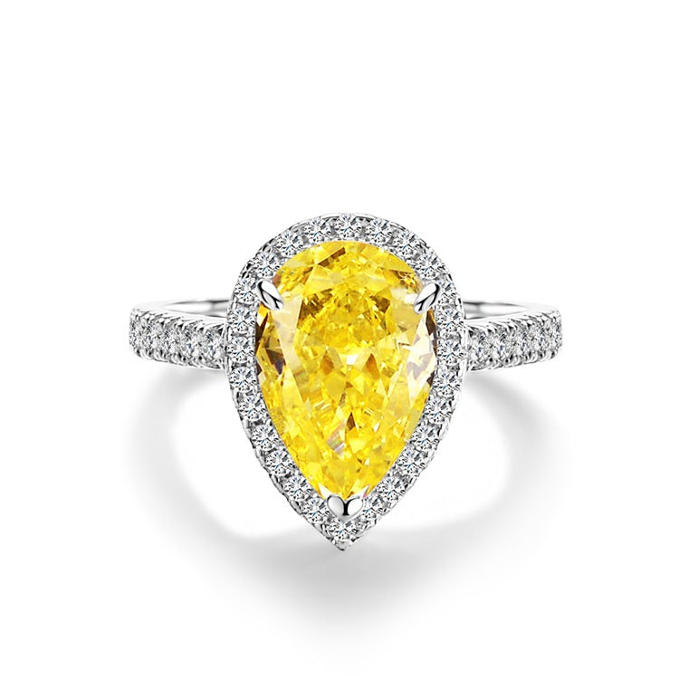 S925 Pure Silver Yellow Diamond Ring Women's Ice Flower 8A Zircon Ring Wedding Ring