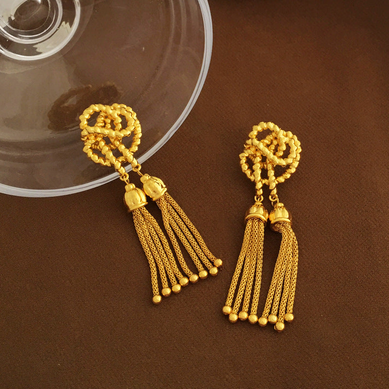 [DF]Copper plated genuine gold S925 silver needle creative knot design earrings with vintage thread tassel earrings and long earrings