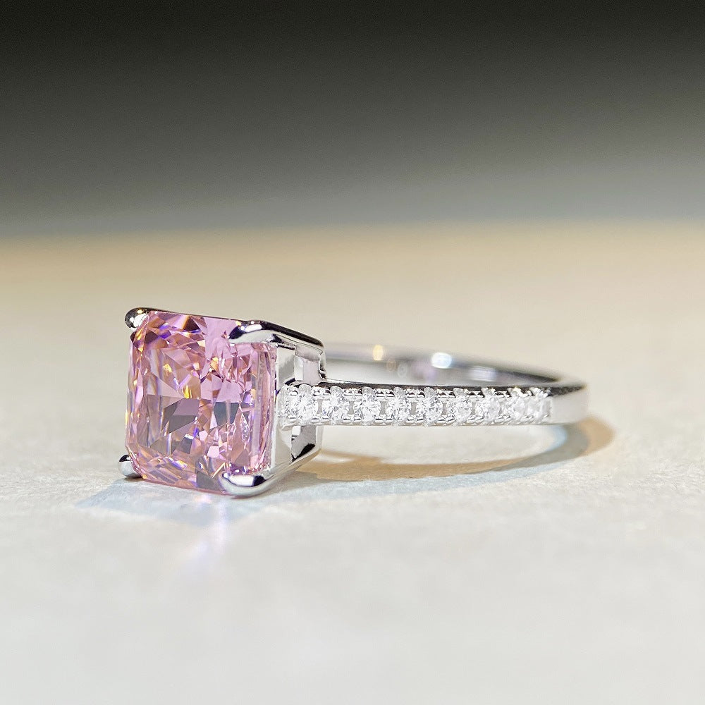 S925 Pure Silver Colorful Treasure Ring Sakura Pink Diamond Simple Four Claw High Carbon Diamond