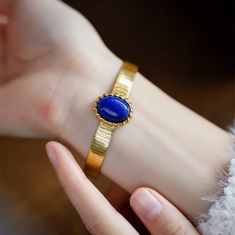 Bracelet creux en argent plaqué or S925, lapis lazuli incrusté, surface d'œuf