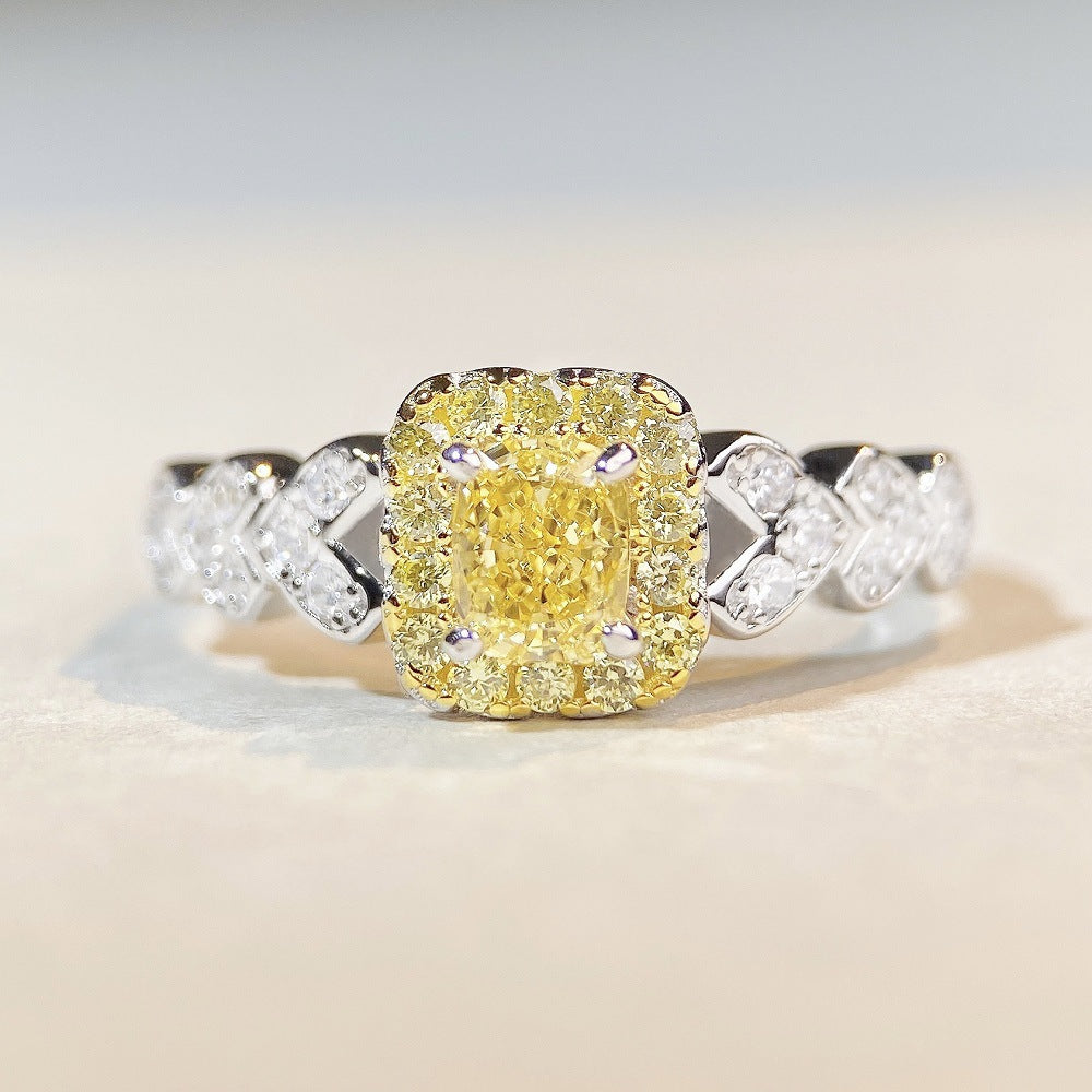 S925 Pure Silver Ring Women's Light Luxury High Grade Four Claw Yellow Diamond Small Sugar Diamond Ring