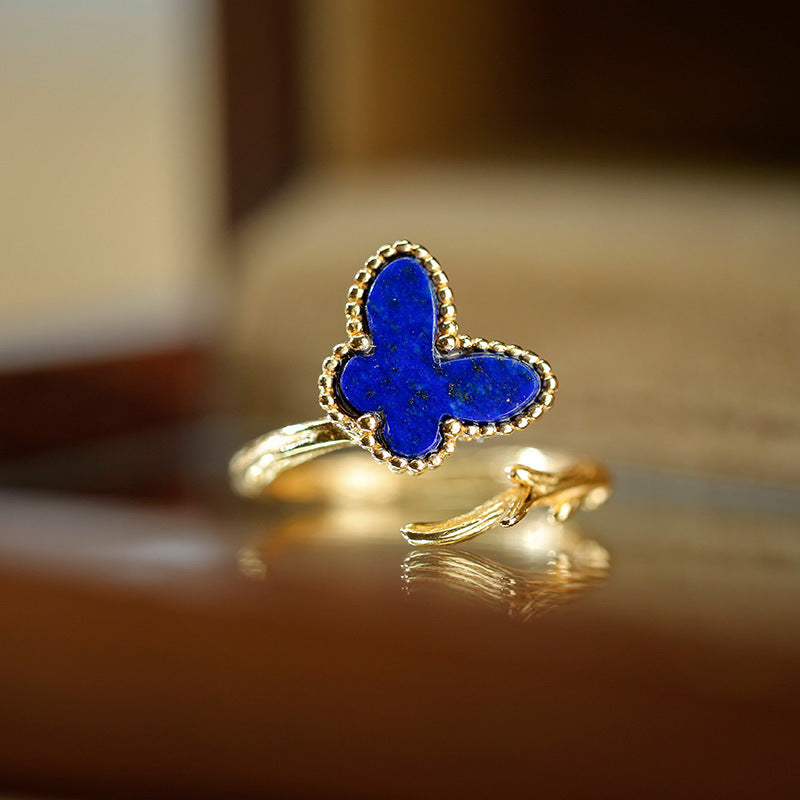 S925 Silver Plated Gold Inlaid Lapis lazuli Ring Butterfly Ring Opening