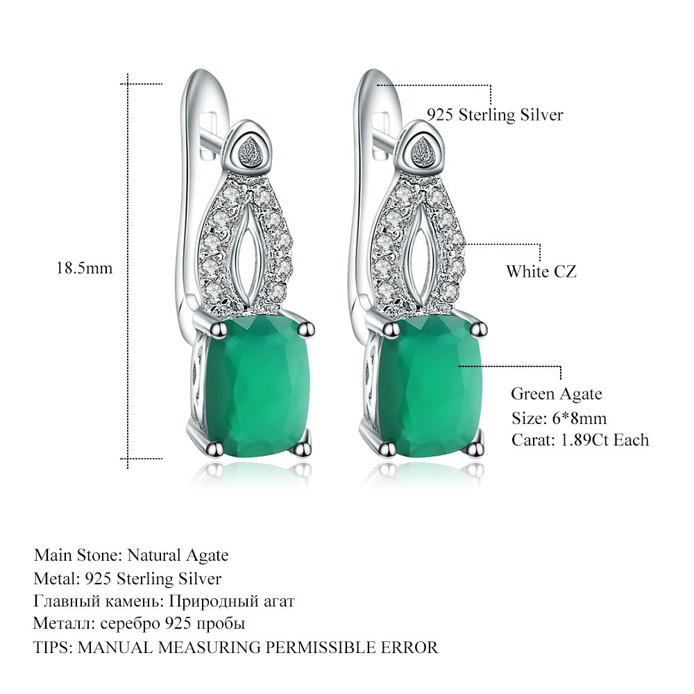 Boucles d'oreilles en pierre naturelle agate verte tempérament mode boucles d'oreilles en argent s925 plaqué or incrustées de pierres précieuses et de cristaux