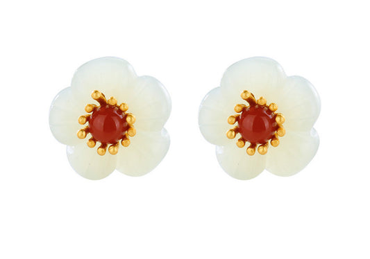 S925 silver inlaid Hetian jade plum blossom with southern red agate beads temperament elegant studs