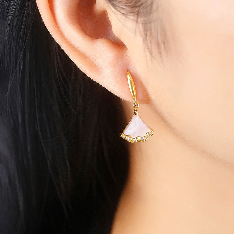 S925 Silver Plated Gold Inlaid Gold Shell Powder Bell Ear Hook Earrings Exquisite Fan Shaped