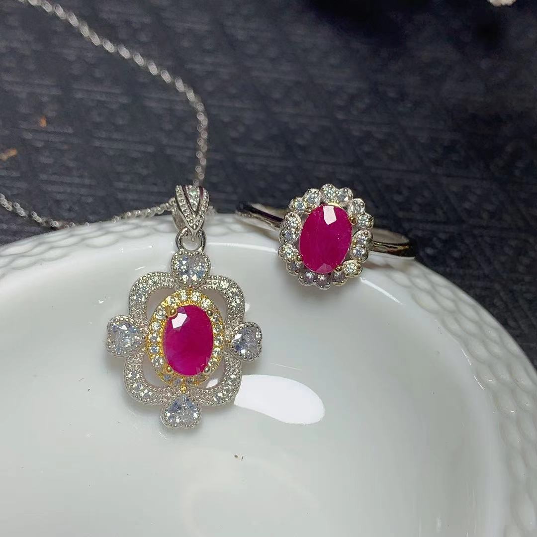 [DF]Natural Burmese Ruby Set with Oval Gemstone Ring and Pendant - Vintage Charm