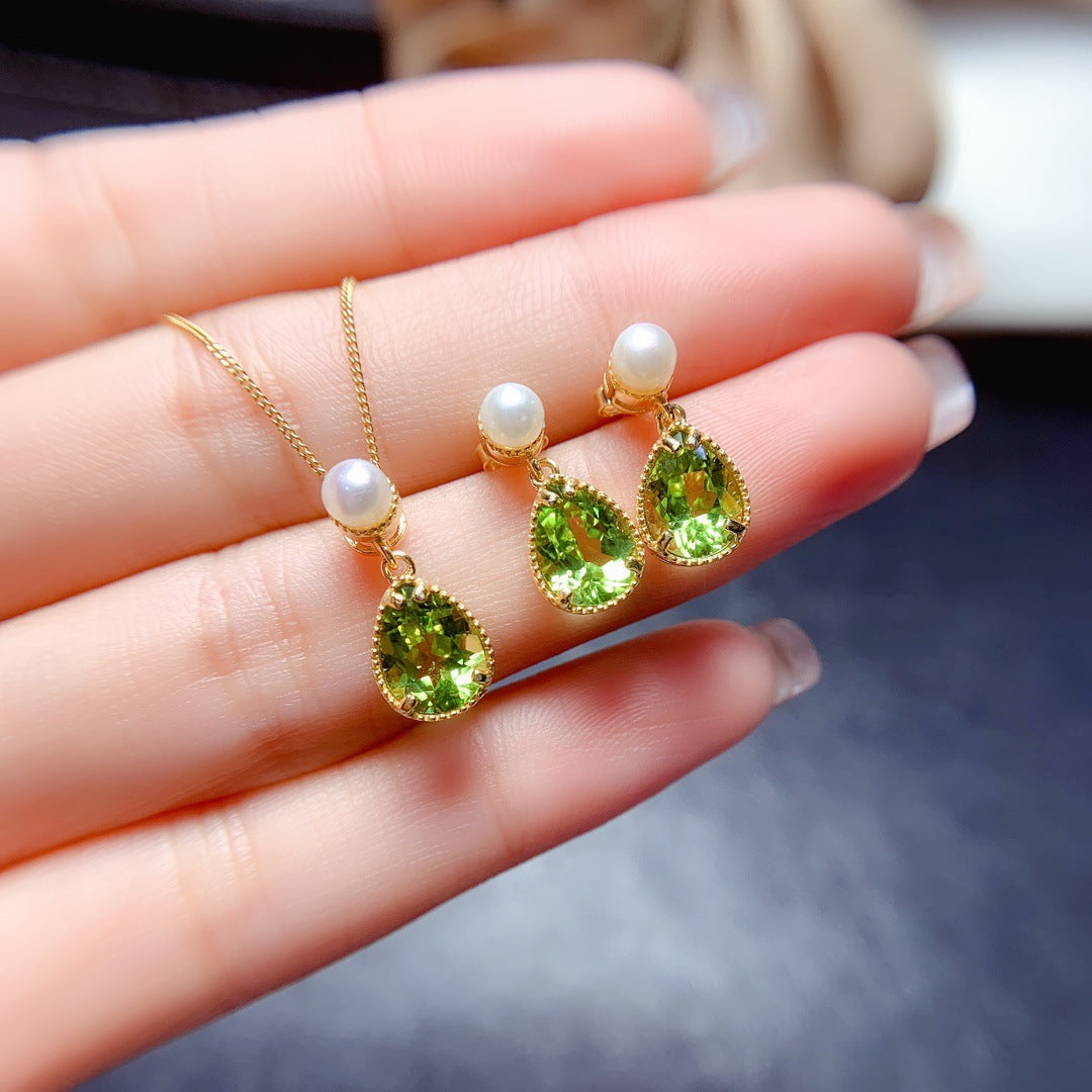 Juego de peridoto natural con incrustaciones de plata S925, piedra central de 6 x 8