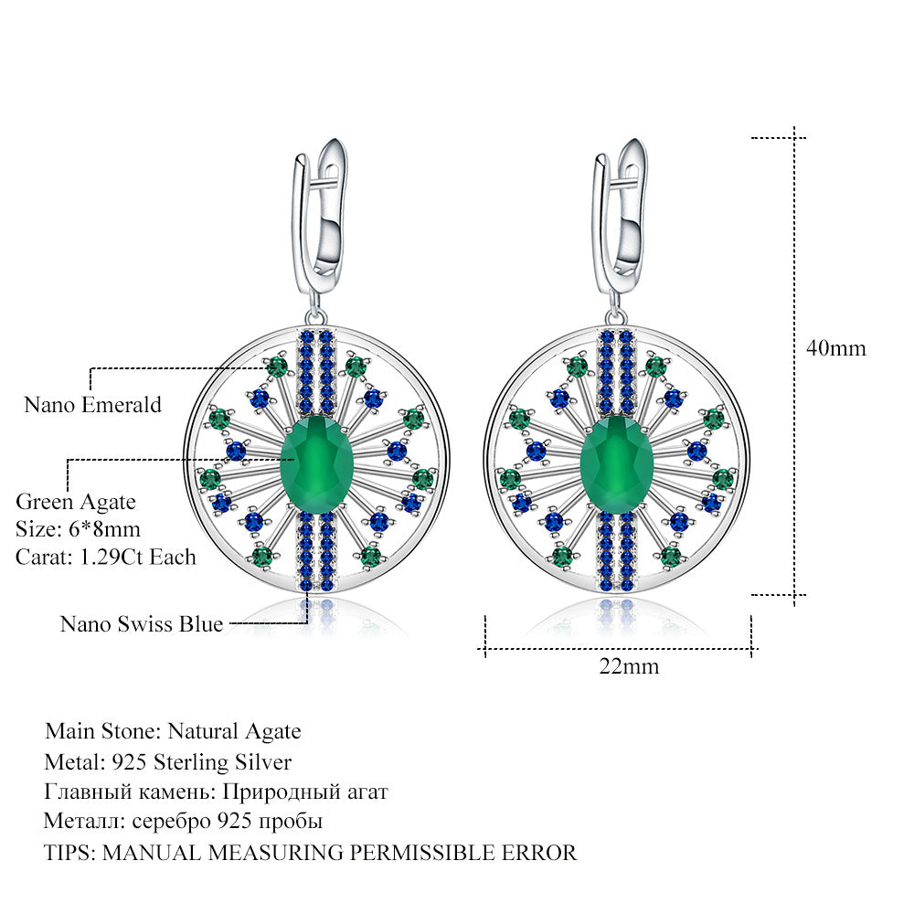 Natural gemstone earrings, luxurious and high-end accessories, 925 silver natural green agate earrings, earrings