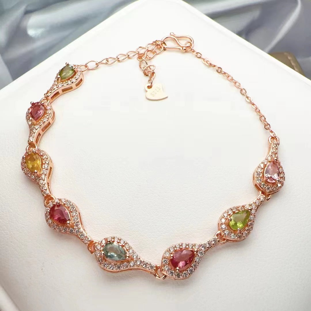 Rainbow Tourmaline Droplet Bracelet S925 Silver inlaid Candy Tourmaline Fashion temperament Bracelet