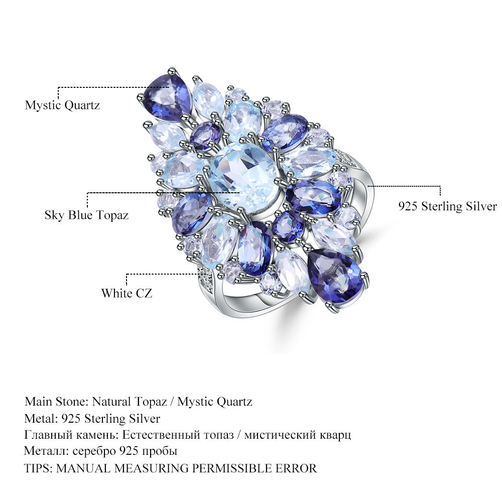 Bague cocktail en quartz mystique multicolore en topaze bleu ciel naturelle pour femme, bijou artisanal italien DF, bague en argent sterling 925 avec pierres précieuses, bijoux fins