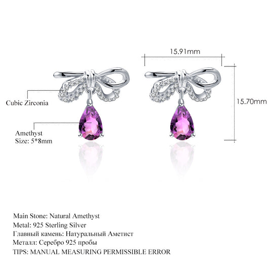 Boucles d'oreilles avec nœud en argent sterling s925 incrusté de cristal coloré naturel