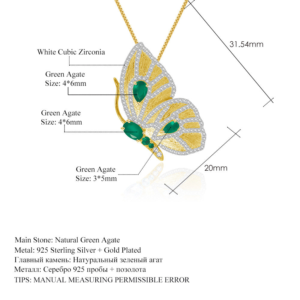 Colgante de broche de diseñador de doble uso, diseño de la serie mariposa, colgante de collar de ágata verde de plata s925 avanzado