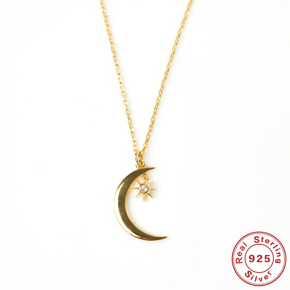 Collar de plata de ley s925 con diseño de luna, estrella y diamante con piedra de viento