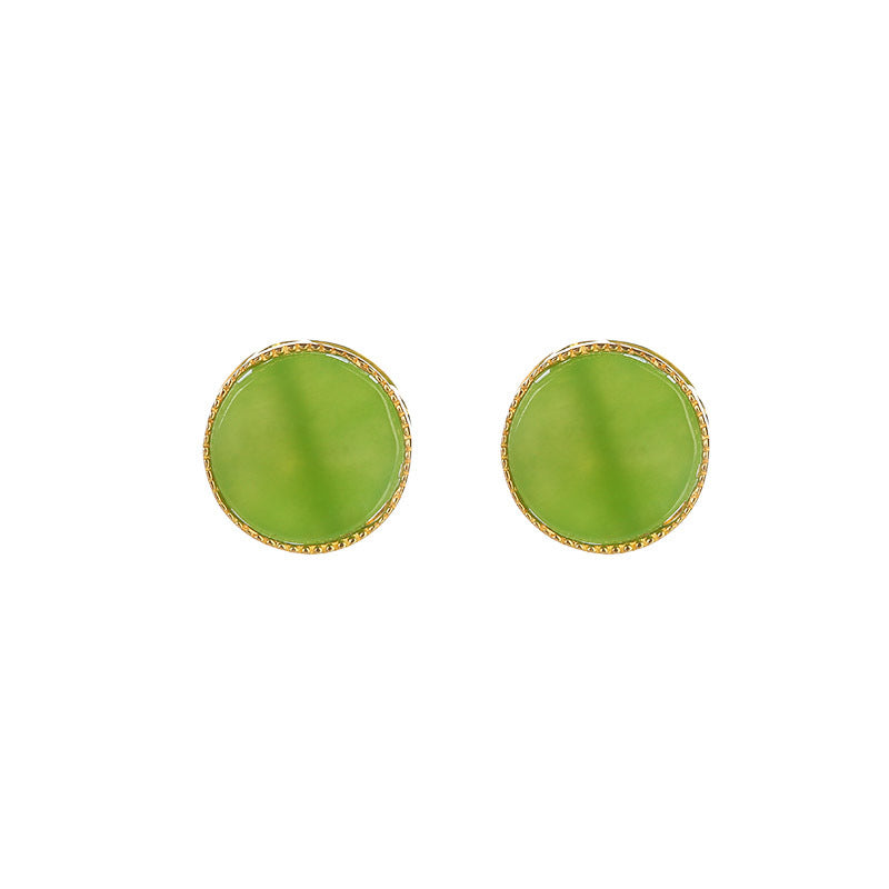 Boucles d'oreilles rondes exquises en or 18 carats incrustées de jaspe fruit vert.