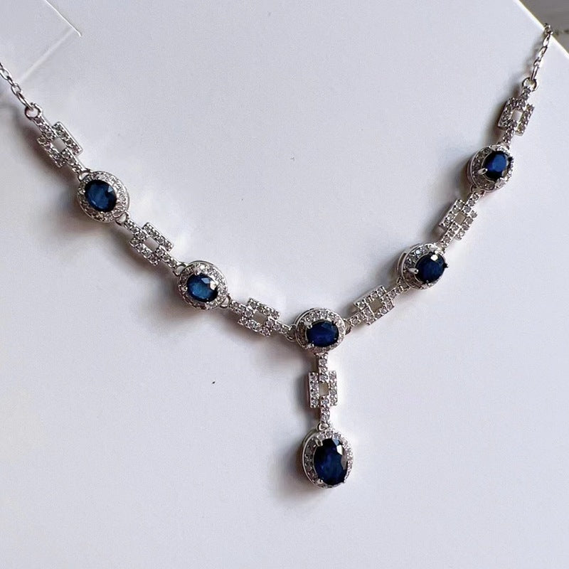 natural sapphire necklace inlaid with S925 silver pendant female silver jewelry