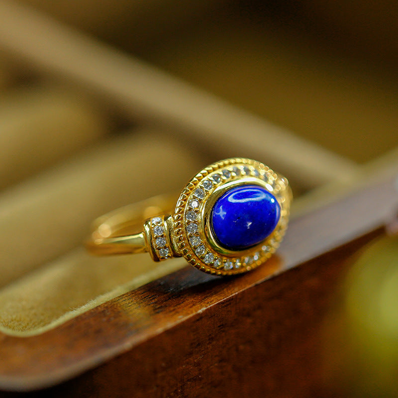 S925 Silver Inlaid Lapis lazuli Ring with Gold Plating Versatile