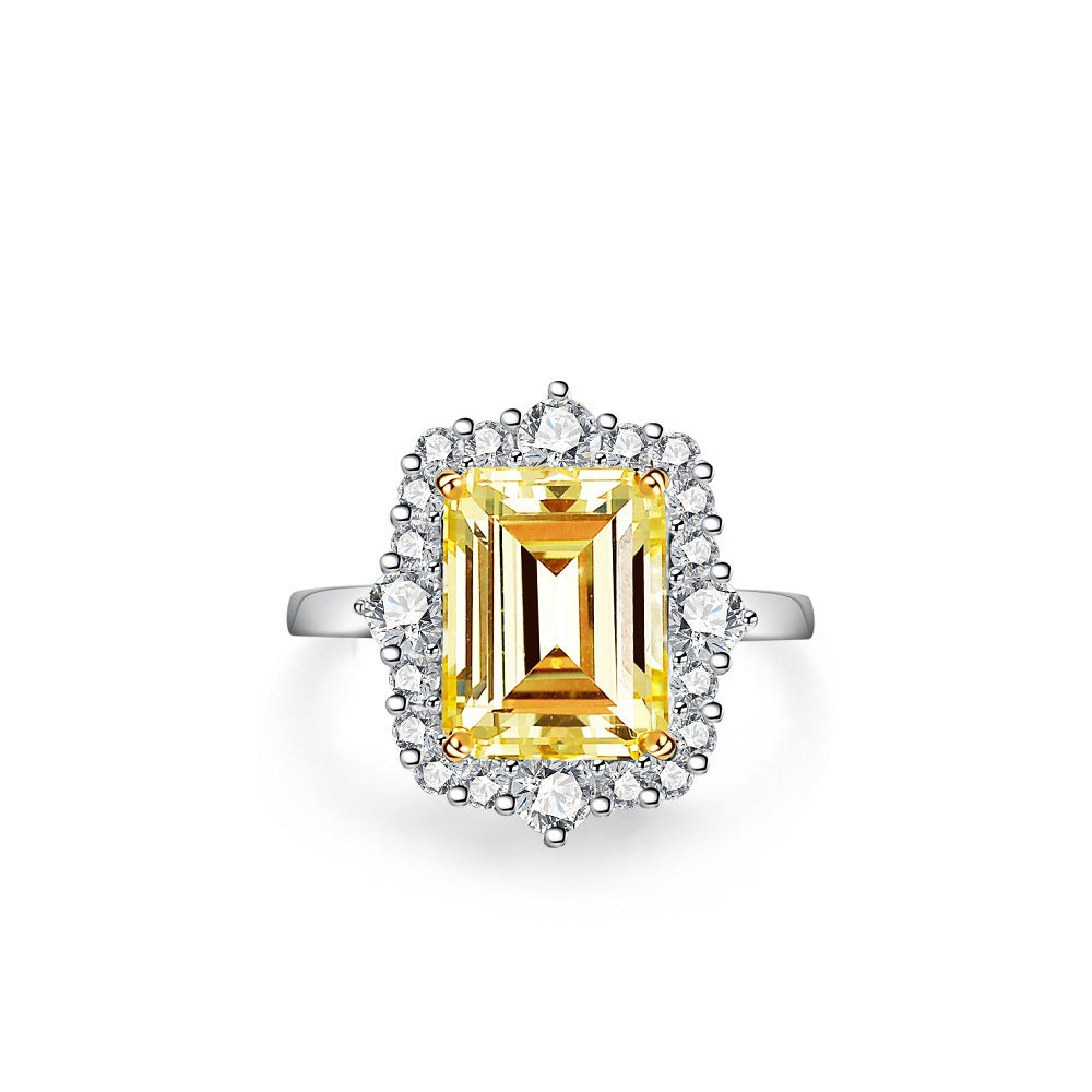 S925 Pure Silver Yellow Diamond Ring Women's Ice Flower 8A Zircon Ring Wedding Ring