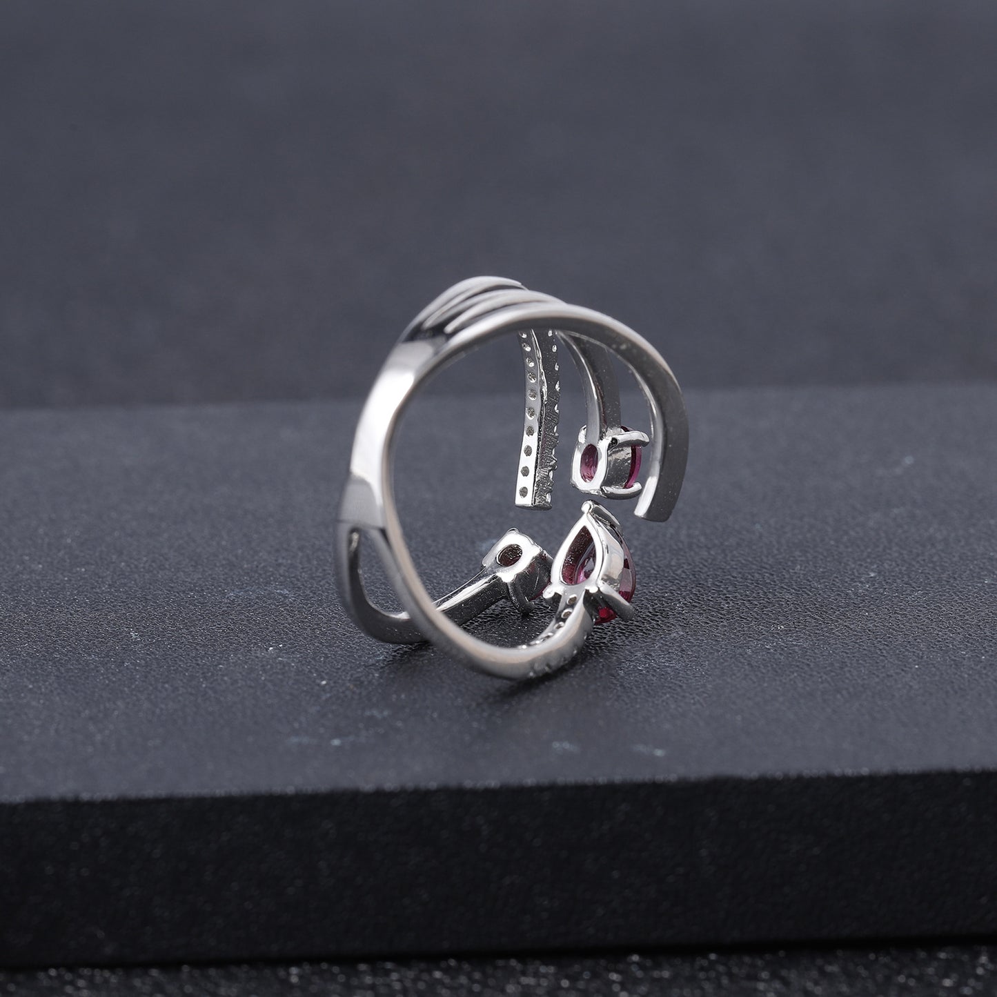 Anillo abierto ajustable de plata de ley DF 925 con diópsido de granate y amatista natural de 0,67 ct, anillo con espirales para mujer, joyería de aniversario