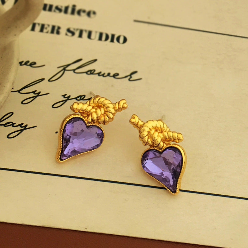 [DF]Copper plated gold S925 silver needle fairy purple zircon love earrings personalized knot design new earrings