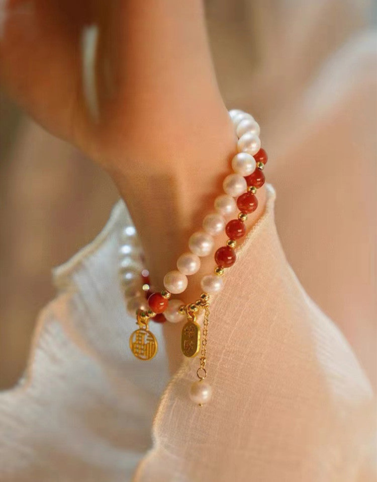 Bracelet de perles d'eau douce naturelles avec Design Insider, marque Fu, Agate rouge, Jade